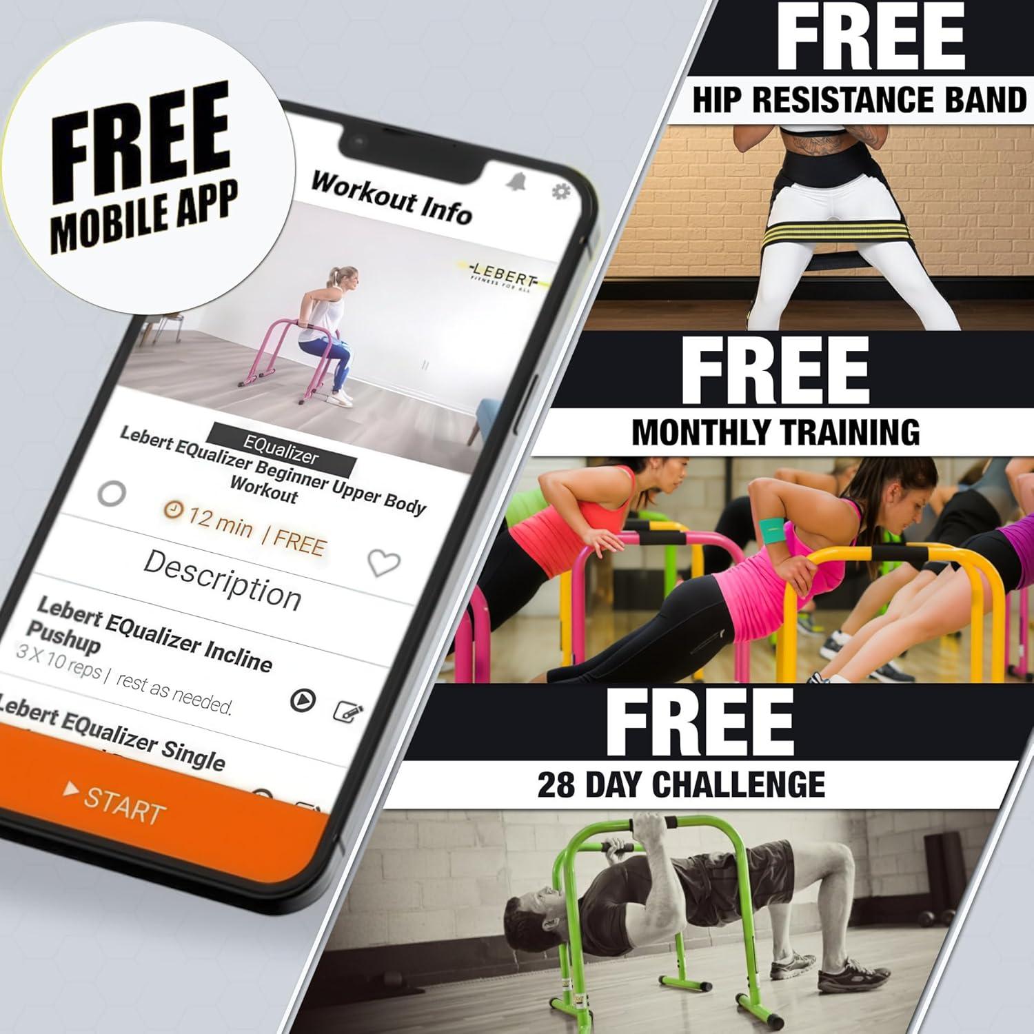 imageLebert EQualizer Total Body Strengthener Portable Dip Station for Full Bodyweight Training Includes Hip Resistance Band amp Online Coaching Available in Standard amp XL SizesBlack Regular