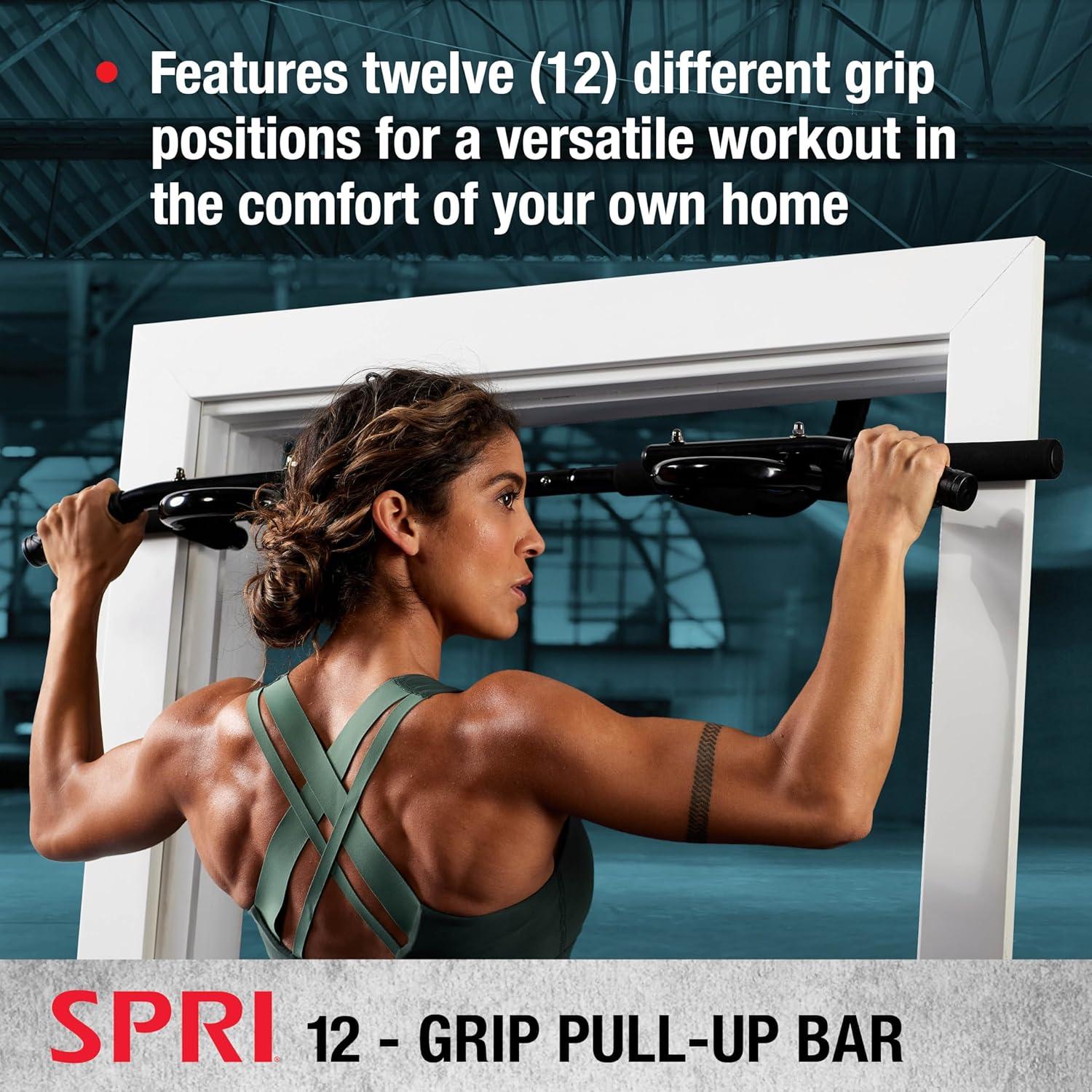 imageSPRI Pull Up Bar 8Grip and 12Grip Door Frame Mounting PullUp Bar for Versatile Workouts Rugged Steel Frame with Foam Handles Supports 300 Pounds Fits Door Frames Up to 32 in Wide Black12 Grip