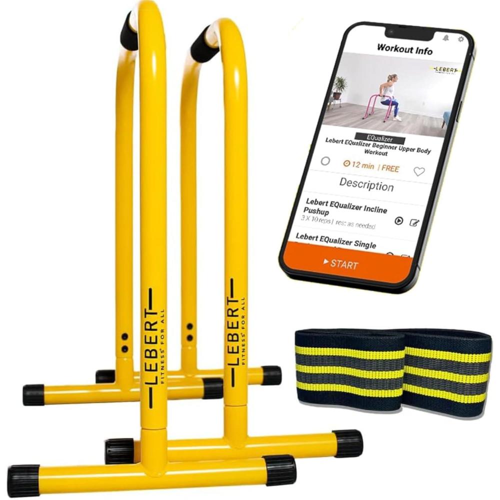 imageLebert EQualizer Total Body Strengthener Portable Dip Station for Full Bodyweight Training Includes Hip Resistance Band amp Online Coaching Available in Standard amp XL SizesYellow Regular