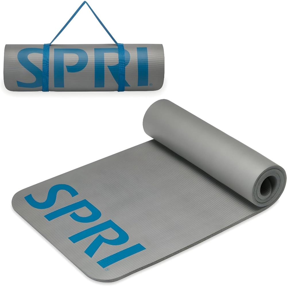 imageSPRI 12mm Pro Fitness Matt  Thick Exercise Mat for Floor Workouts SitUps PushUps Stretching Toning and General Fitness  NonSlip Texture Cushioned Portable Rolling Mat with Carrying StrapGrey