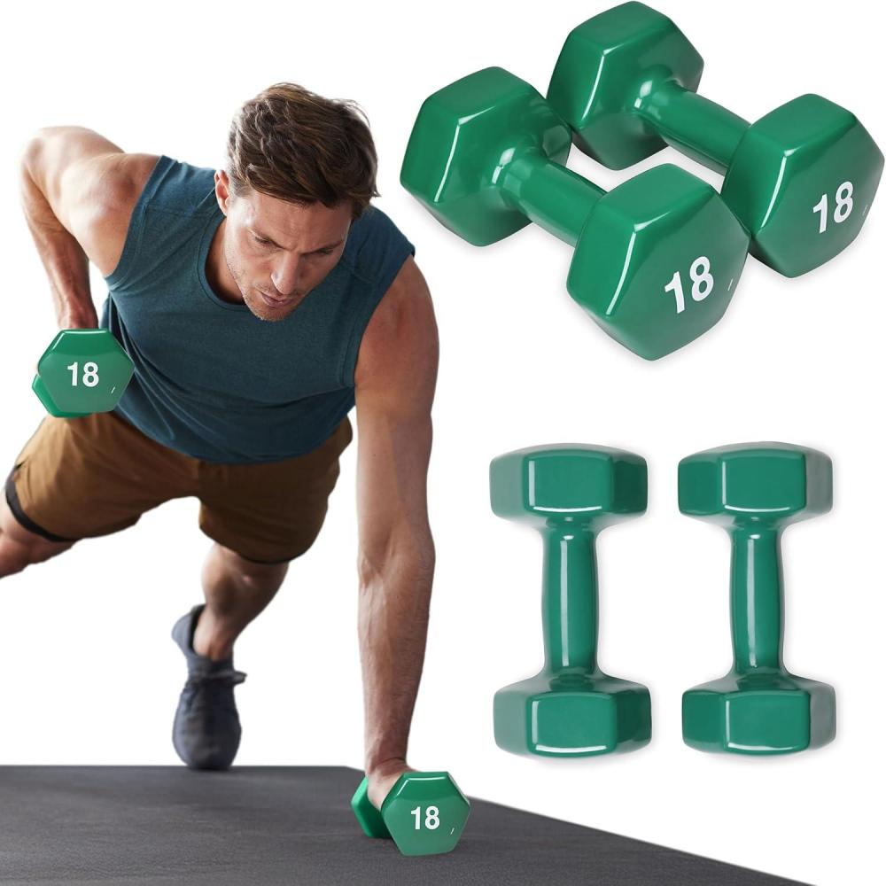 imageSPRI Dumbbells Hand Weights Set of 2  Vinyl Coated Exercise amp Fitness Dumbbell for Home Gym Equipment Workouts Strength Training Free Weights for Women Men 110 Pound 12 15 18 20 lbM Dark Green  18Pound
