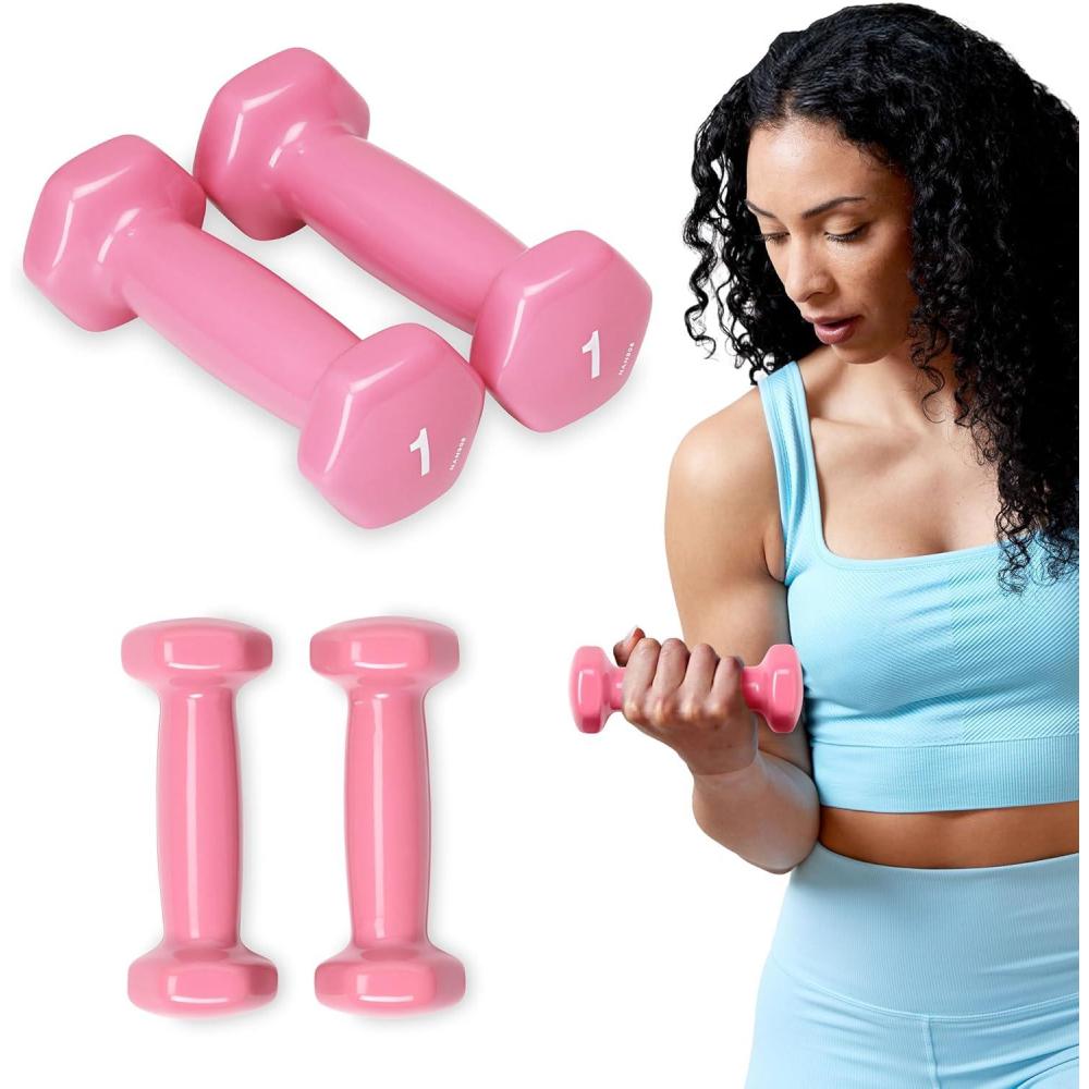imageSPRI Dumbbells Hand Weights Set of 2 Vinyl Coated Exercise amp Fitness Dumbbell for Home Gym Equipment Workouts Strength Training Free Weights for Women Men 110 Pound 12 15 18 20 lbA Pink 1Pound