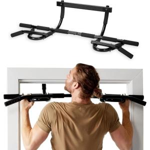 SPRI Pull Up Bar – 8-Grip and 12-Grip Door Frame Mounting Pull-Up Bar for Versatile Workouts – Rugged Steel Frame with Foam Handles – Supports 300 Pounds – Fits Door Frames Up to 32 in. Wide – Black(12 Grip)